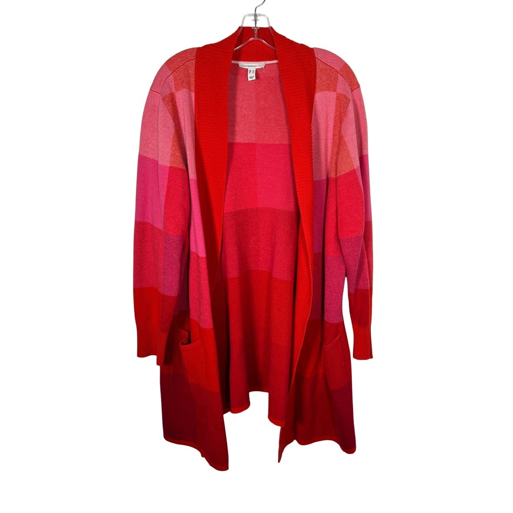 Isaac Mizrahi Live! Red Pink Colorblock Check Waterfall Cardigan Sweater Large
